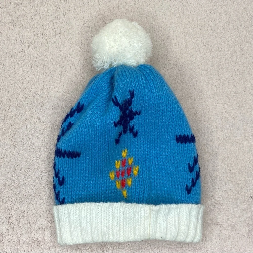 Vintage Kids Pom Beanie Winter Hat-Blue/White-Handwoven-Warm-Cozy-Vtg-Retro-80s